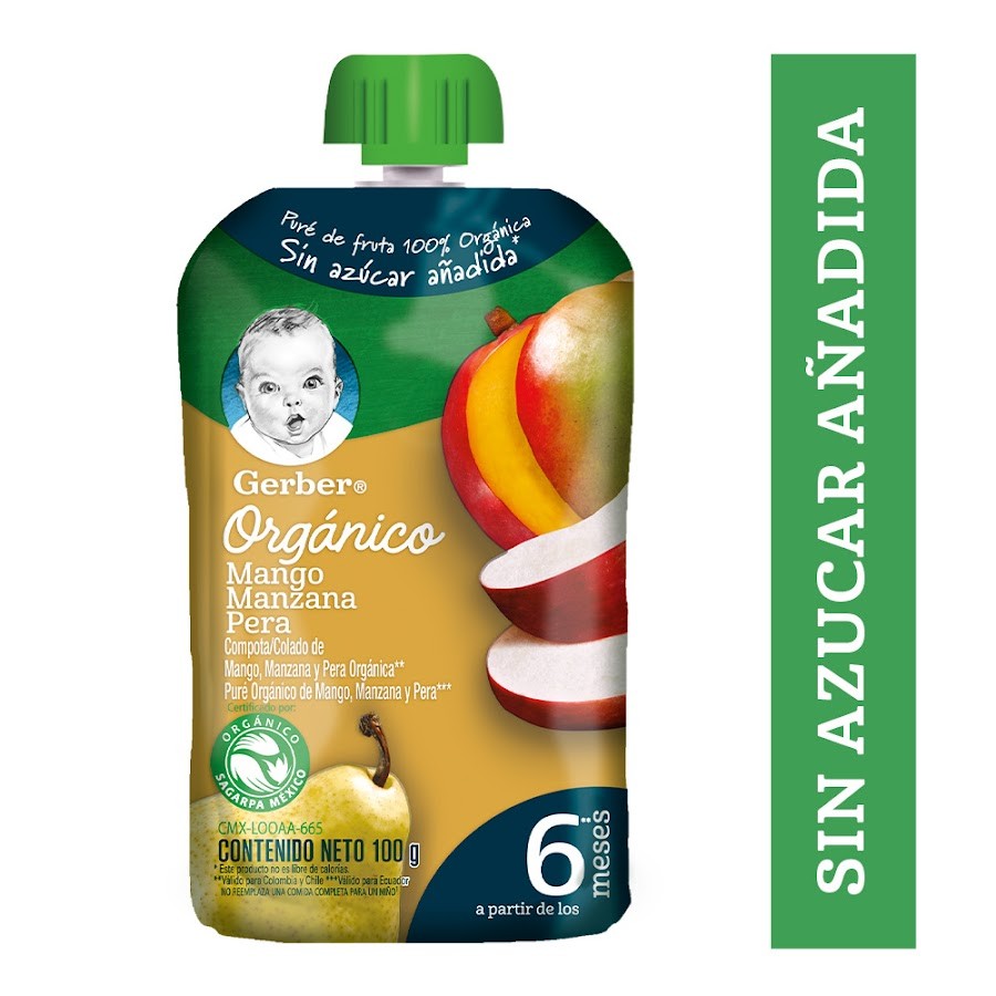 Compota Gerber Organico Sabor Mango Manzana Pera Pouch x 100Gr