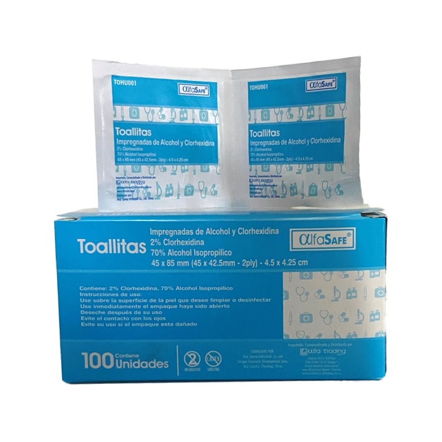 Toallitas de Alcohol y Clorhexidina AlfaSafe Caja x 100Und
