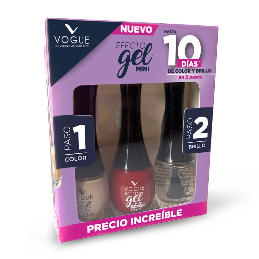 $Oferta Esmalte Vogue Efecto Gel Mini Armonia-Energia-Brillo x 3Und