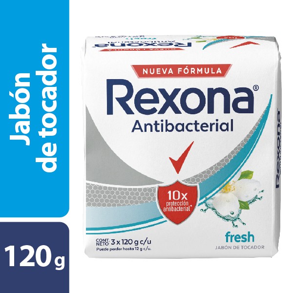 Jabón Rexona en Barra Antibacterial Fresh 10 Veces mas protección Pack x 3Uni de 120Gr c/u