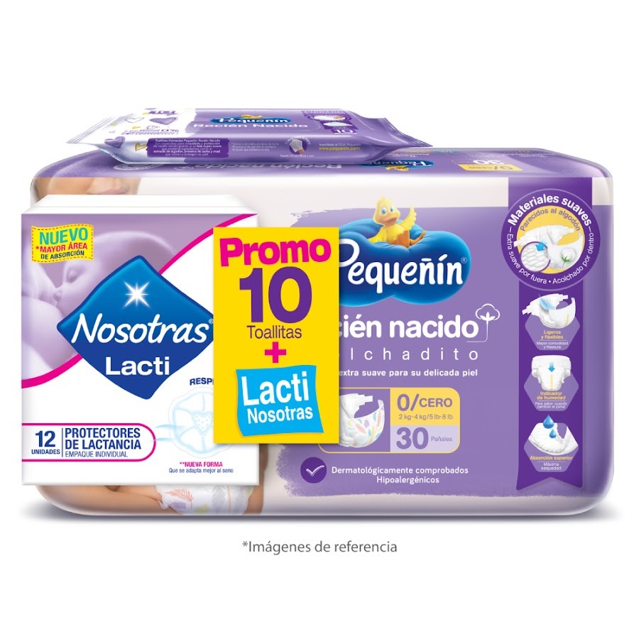 Oferta Pañal Pequeñín Recien Nacido x 30Und + Protectores Lacti x 12Und + Toallas RN x 10Und