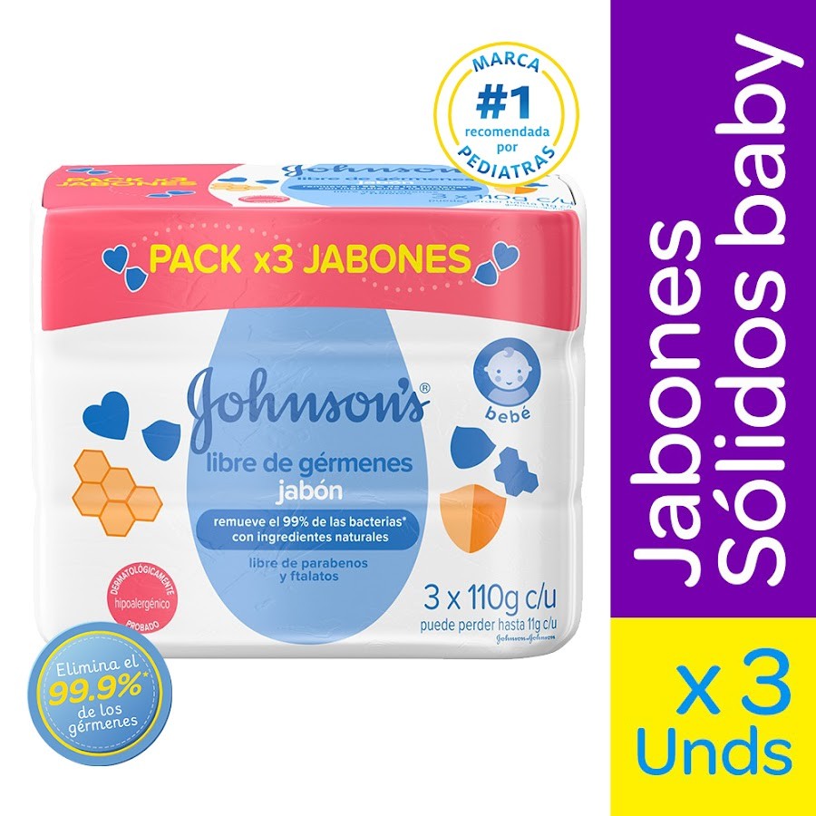 Jabón Johnson's Baby en Barra Libre de Germenes Paq x3 Uni x 110Gr