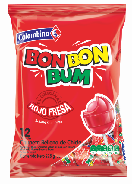 DULCE BON BON BUM ROJO FRESA CHUPETA X228G. X12UND.