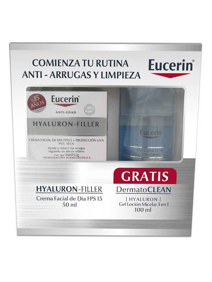 $Kit Crema Eucerin Facial Día Hyaluron-Filler x 50ml + Gratis Gel Locion Micelar x 100ml