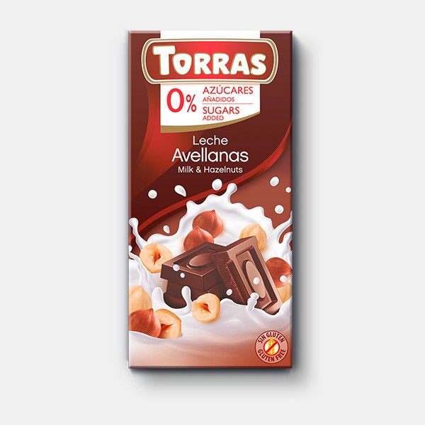 Chocolatina Torras Chocolate Leche Y Avellanas Sin Azúcar X75G.