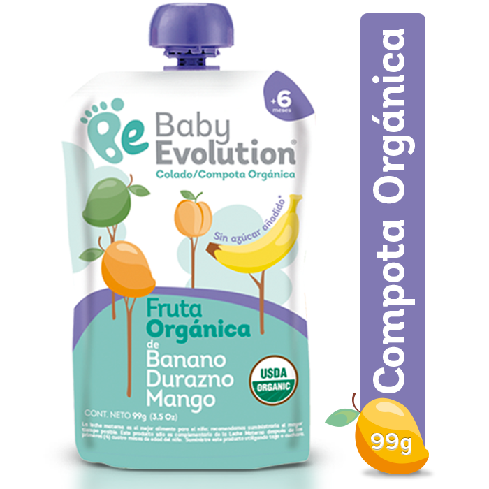 Compota Baby Evolution Banano Durazno Mango Orgánica +6 Meses X99G.