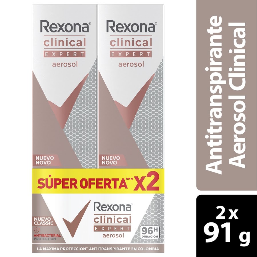 Oferta Desodorante Rexona Clinical Mujer Expert Antibacterial Aerosol x 2Und de 91Gr c/u