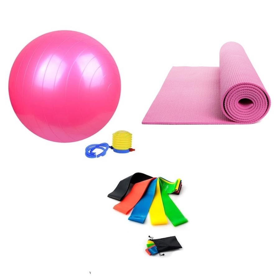 Kit Yoga Deportivo Colchoneta Rosa de 6mm + Balón de Pilates Rosa con Inflador 55cm + Set Bandas Elásticas x5 niveles