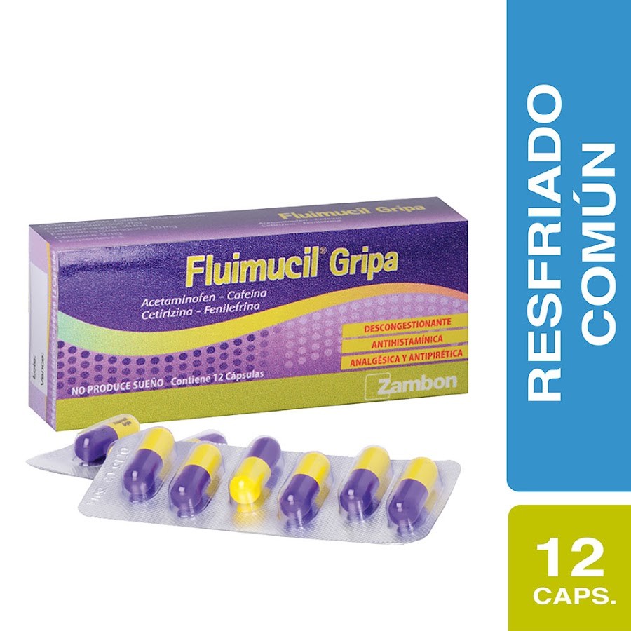 **Fluimucil Gripa Caj.x12Cap. ZAM Acetaminofén Cafeína Cetirzi Fenilefri