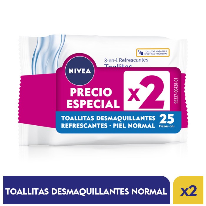 OFERTA TOALLAS HÚMEDAS NIVEA DESMAQUILLANTE PIEL NORMALX2PAQX25UND P