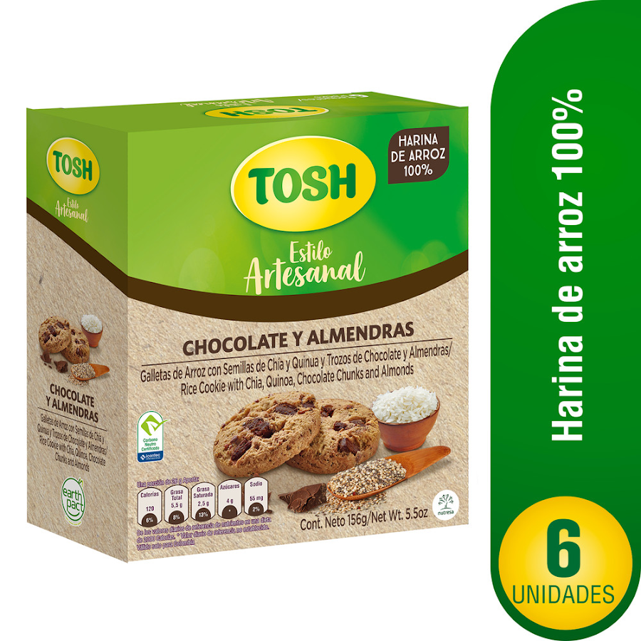 Galleta TOSH Artesanal Arroz Chocolate Almendras Plegadiza x6Und