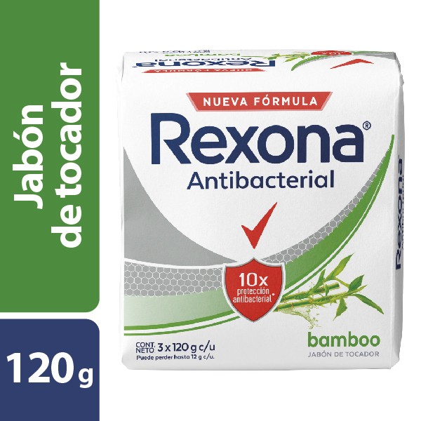**Jabón Rexona en Barra Antibacterial Bamboo 10 Veces mas protección Pack x 3Uni de 120Gr c/u