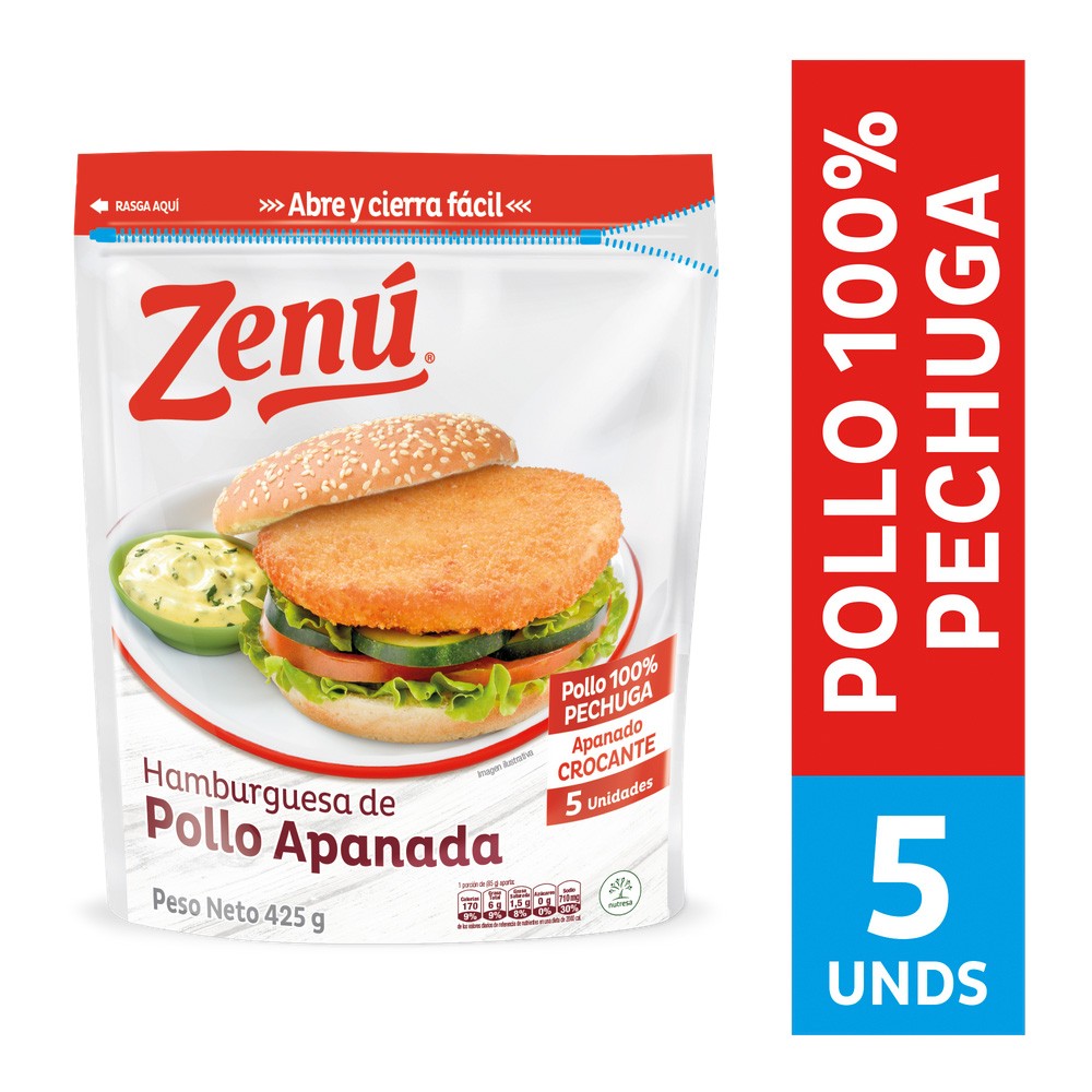 HAMBURGUESA DE POLLO APANADO ZENU*425GR