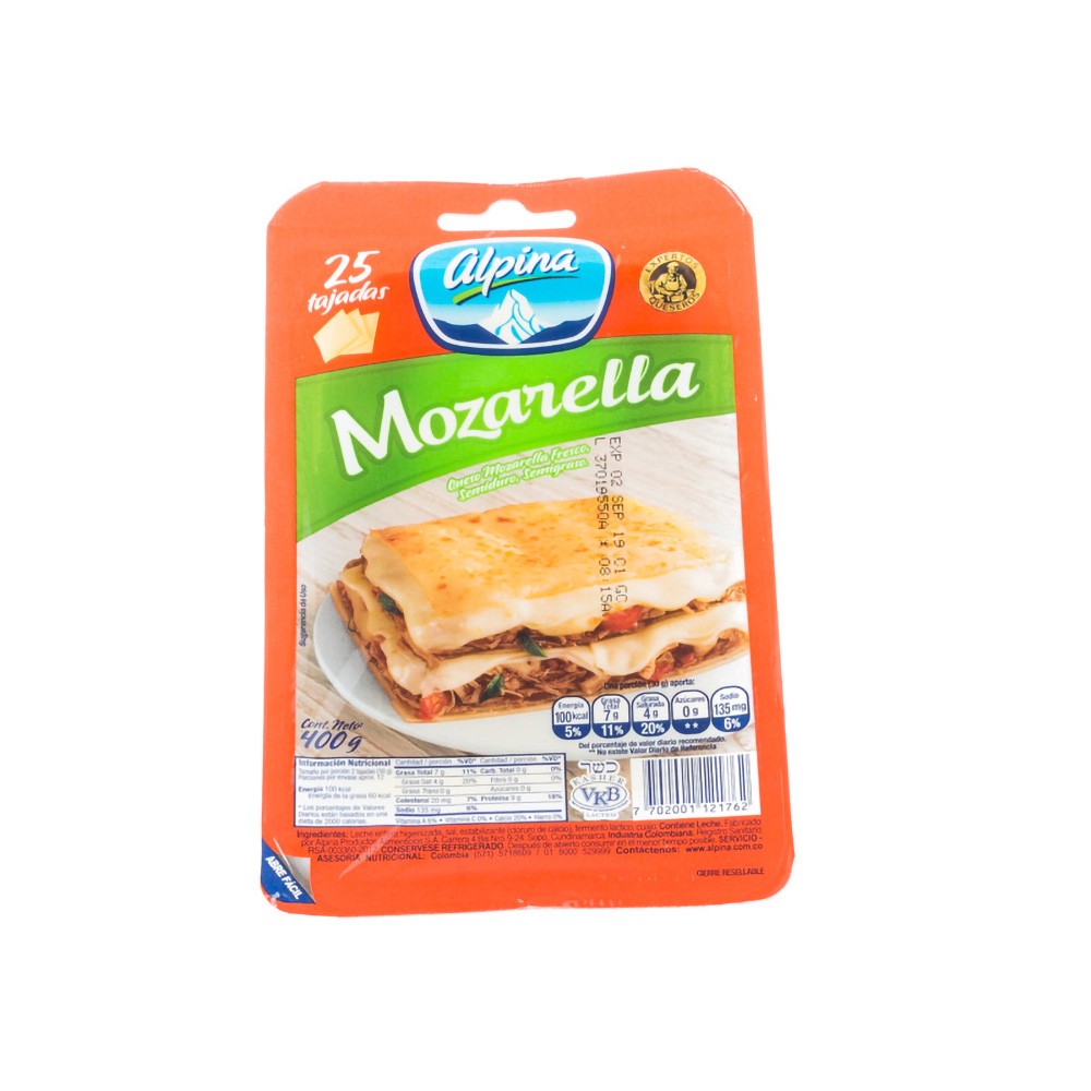QUESO MOZARELA 25 TAJADAS*400 GR ALPINA