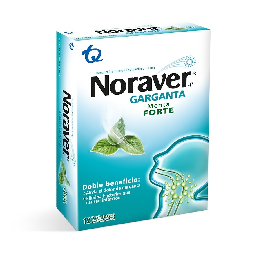 Noraver Menta 10/1.4mg Tab. Caja x12Tab. TQ Benzocaína Cetilpiridinio
