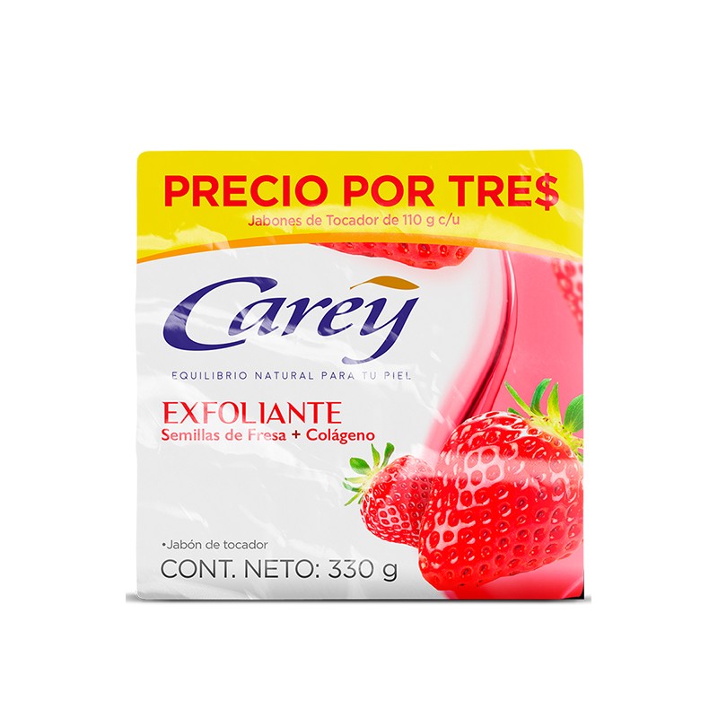 Jabón Carey Exfoliante Fresa y Colágeno x3und x110gr c/u