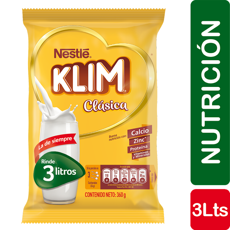 Leche en Polvo Klim Clásica Fortificada Rinde 3 Lts x360gr