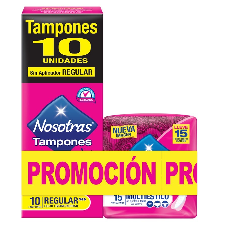 Oferta Tampones Nosotras Regulares x12und + Protectores Nosotras Multiestilos x15und