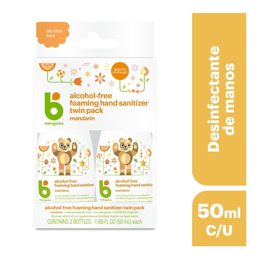 Desinfectante De Manos  Babyganics Sin Alcohol En Espuma, Pack 2 Uni De 50Ml c/u
