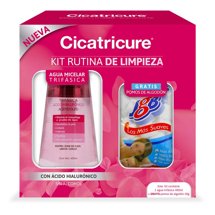 Kit Rutina de Belleza Cicatricure Agua Micelar Trifasica x 400ml Gratis Pomos de algodon JGB x 40gr