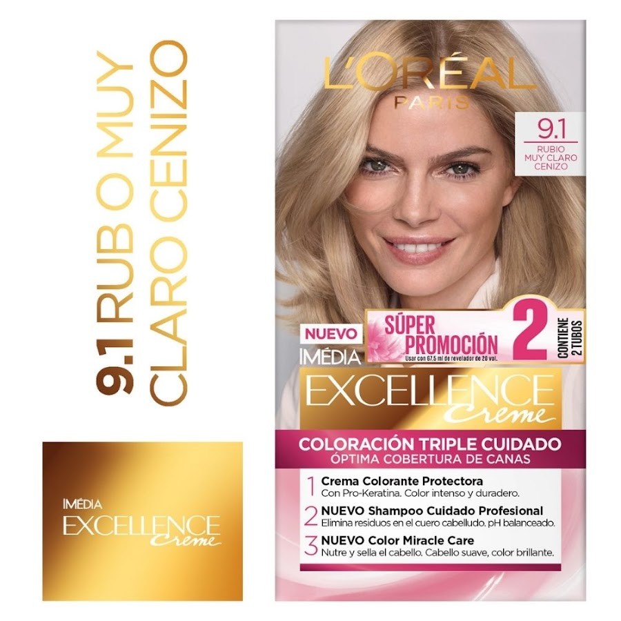 Tinte Excellence Rubio Muy Claro Cenizo 9.1 Doble Tubo  x47gr
