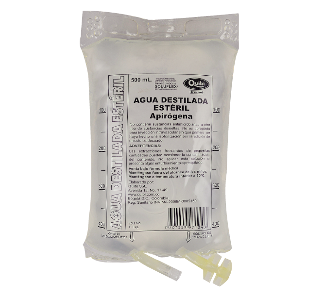 Agua Destilada Esteril Quibi Apirogena Para Inyeccion Bolsa x 500Ml