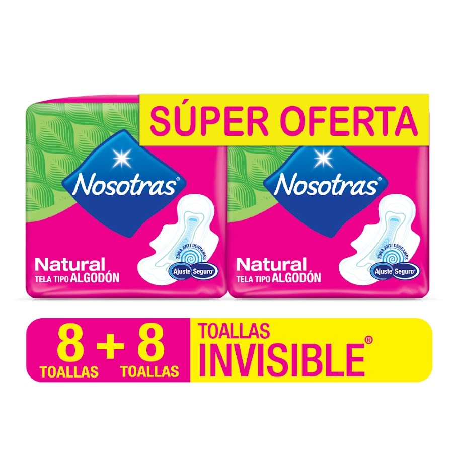 OFERTA TOALLAS INTIMAS NOSOTRAS NATURAL INVISIBLE X 8 UND X 2PAQ