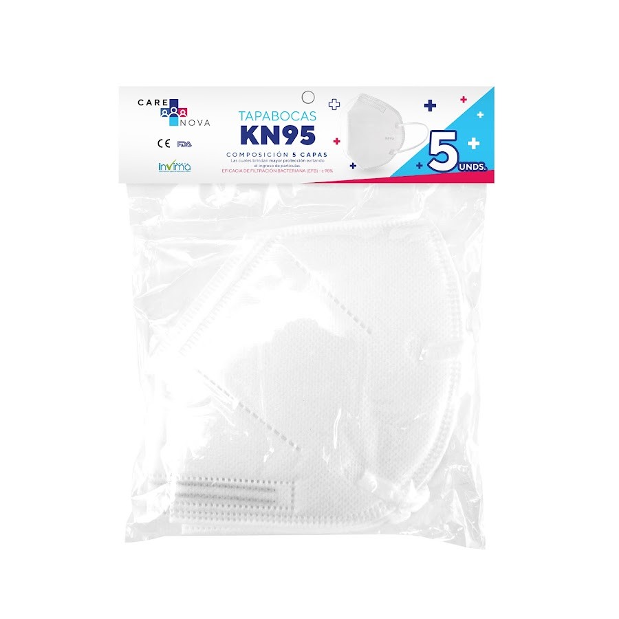 Tapabocas Care Nova KN95 Color Blanco Empaque x5 Unds