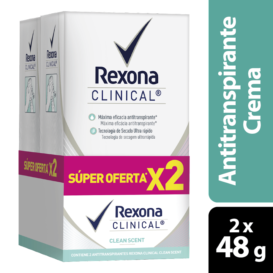 Oferta Desodorante Rexona Clinical Clean Scent x 2Und de 48Gr c/u