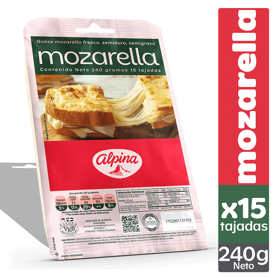 QUESO ALPINA MOZARELLA TAJADO FRESCO SEMIDURO SEMIGRASO X240G