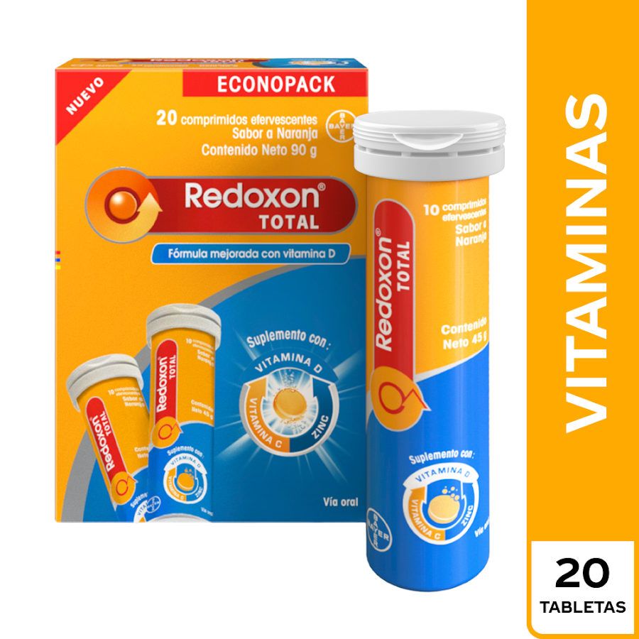 Redoxon Total Bayer  Vitaminas D, C y Zinc Caja Por 2 Tubos de 10Tab c/u