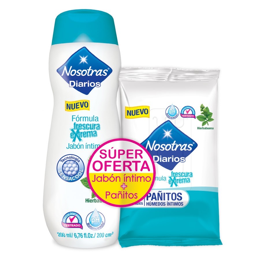 Oferta Jabón Íntimo Nosotras Frescura Extrema x200ml + Pañitos Húmedos Íntimos x10und