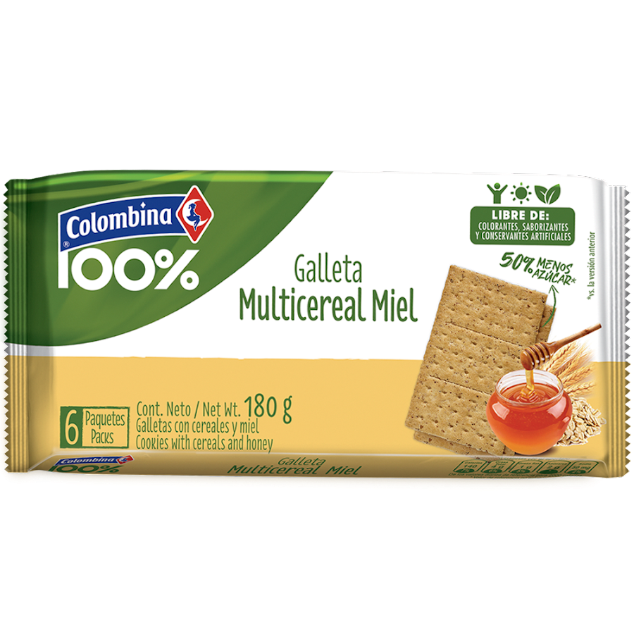 GALLETAS CRAKENAS 100% MULTICEREAL FIBRA MIEL X 6 PAQ X 180 GR