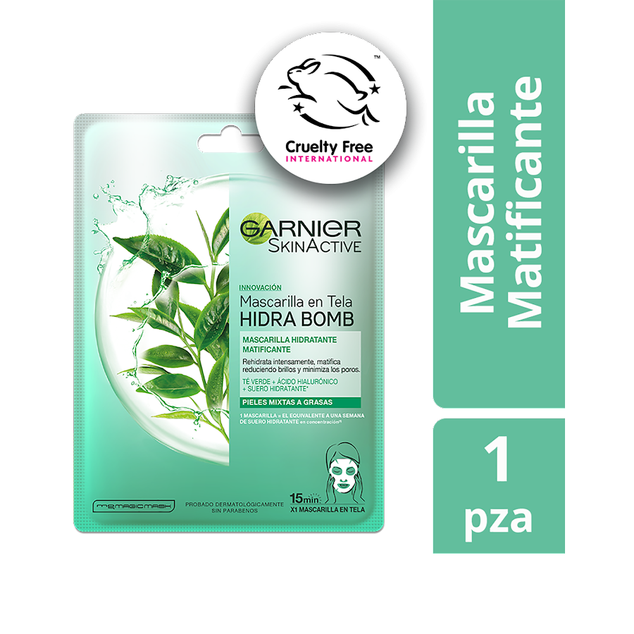 Mascarilla Garnier Skin Active de Tela Sachet Green Tea Magnificante x32gr