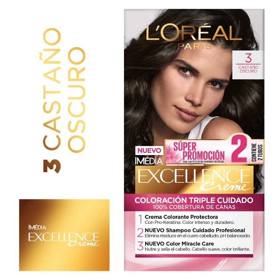 Promo Tinte Loreal Excellence Creme 3 Castaño Oscuro x 2Tubos