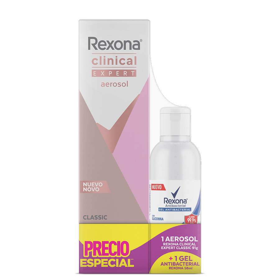 Oferta Desodorante Rexona Classic Aerosol Clinical Expert x 91Gr + Gel Antibacterial x 58Ml