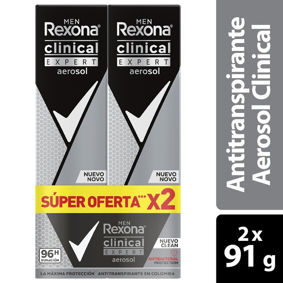 Oferta Desodorante Rexona Clinical Hombre Expert Antibacterial Aerosol x 2Und de 91Gr c/u