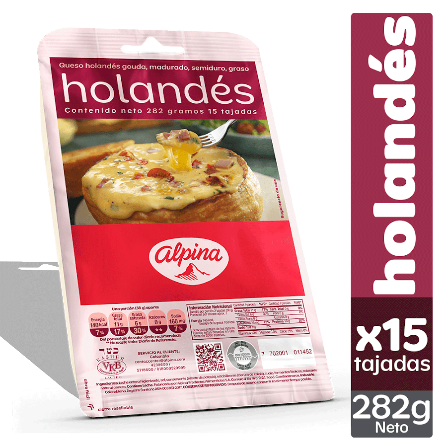 Queso Tajado Alpina  Holandes Gouda, Maduro Semiduro y Graso x 282Gr/15Uni