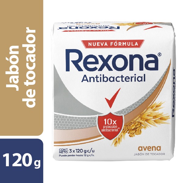 **Jabón Rexona en Barra Antibacterial Avena 10 Veces mas protección Pack x 3Uni de 120Gr c/u