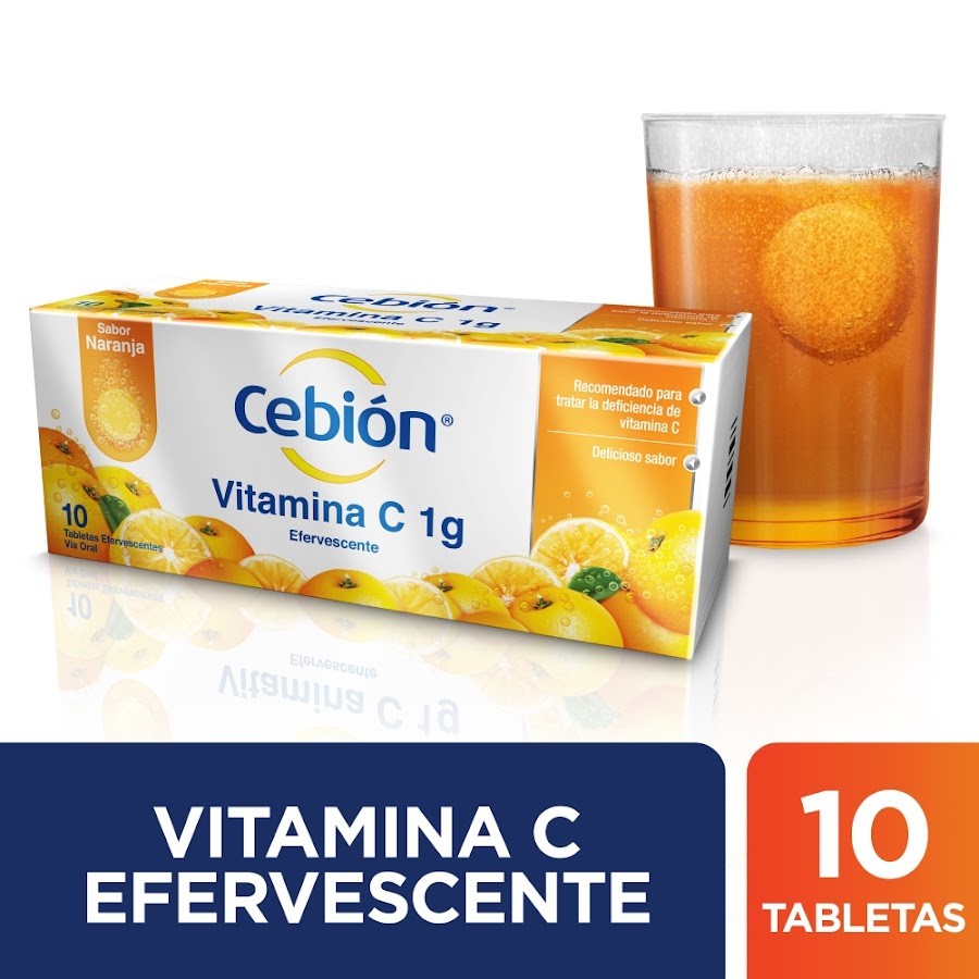 Cebión tabletas Efervescentes de Vitamina C sabor naranja con 10 und