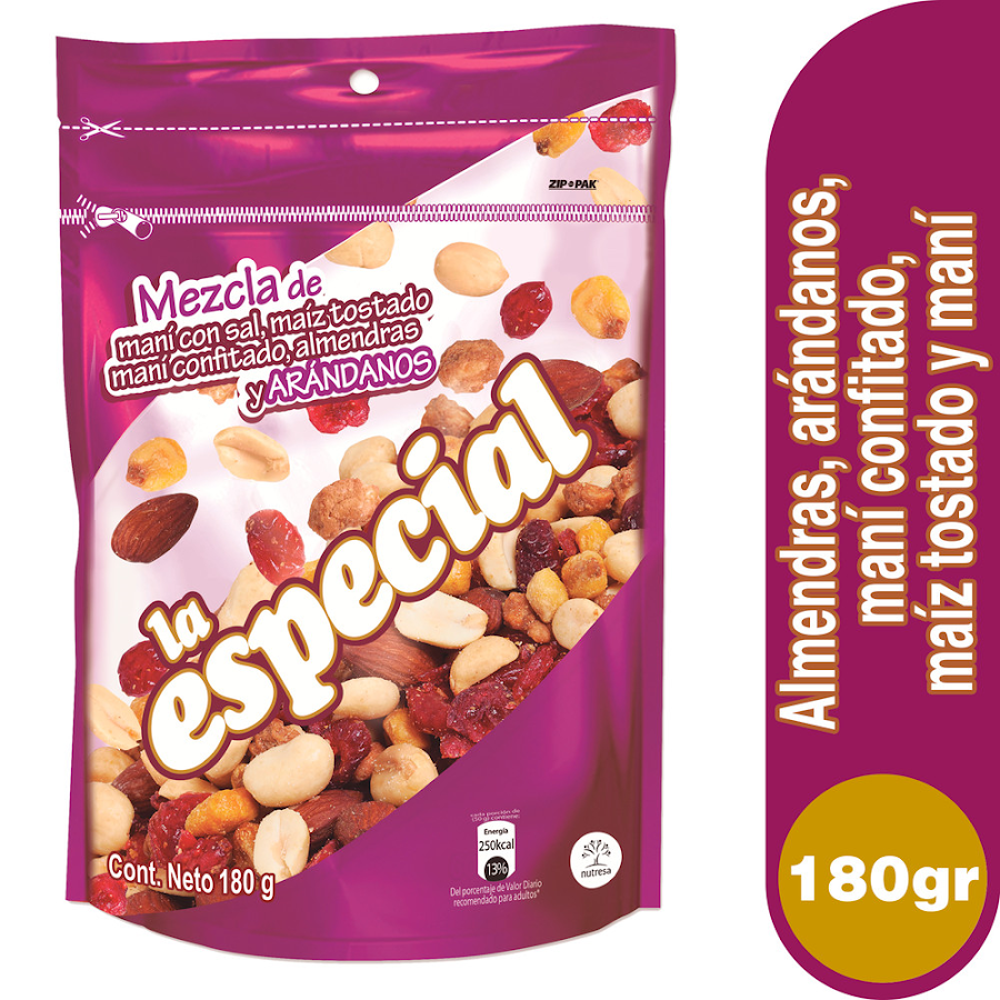 MANÍ LA ESPECIAL CONFITADO MAÍZ TOSTADO ALMENDRA ARANDANOS X180G