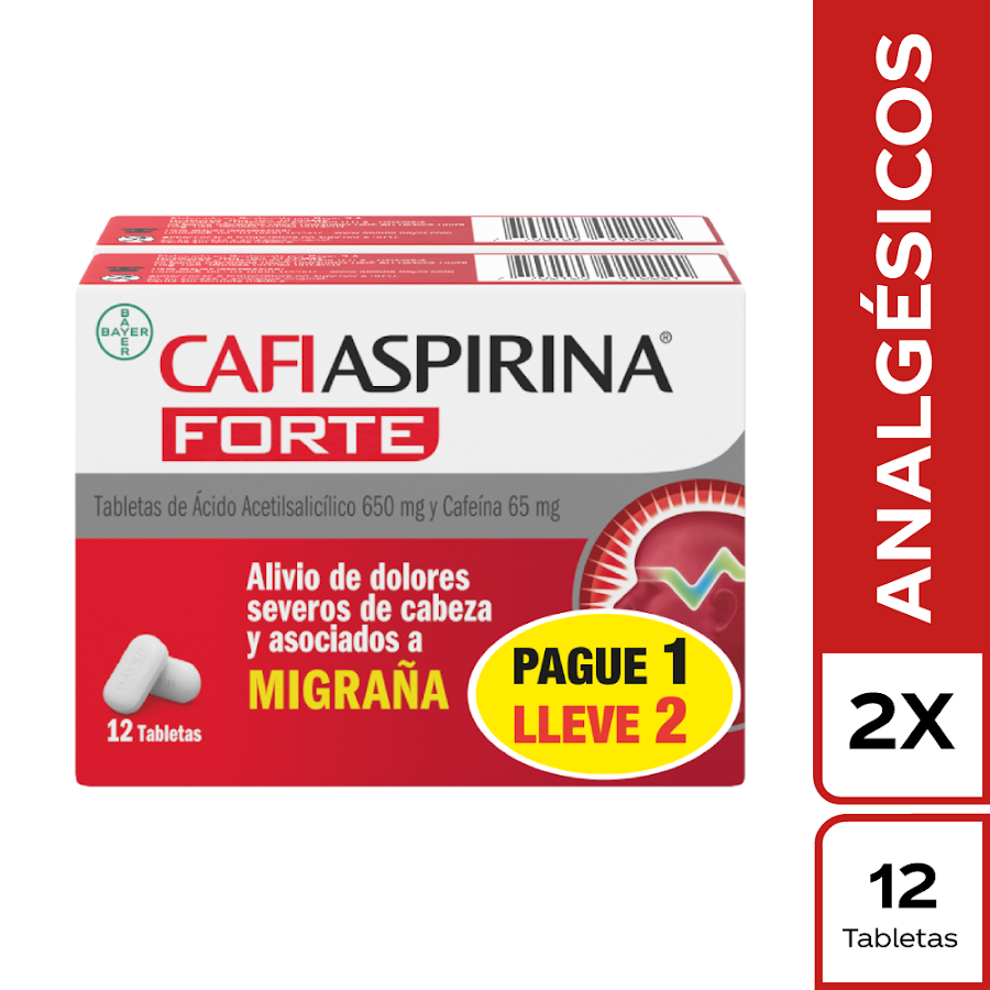 Oferta Cafiaspirina Forte Bayer Acetilsalicilico 650mg  + Cafeína 65mg Caja x12 Tab Pague 1 Lleve 2