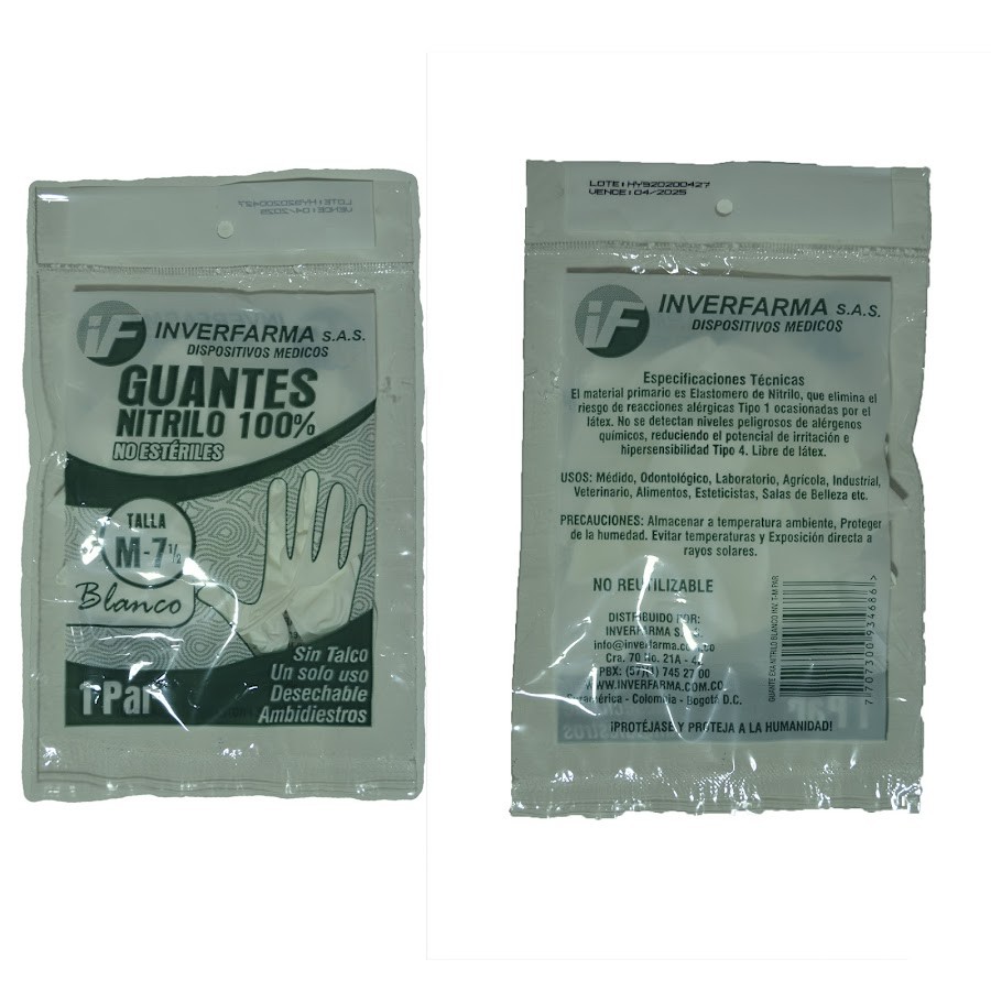 Guantes de Nitrilo Inverfarma Talla M Blanco x 1Par