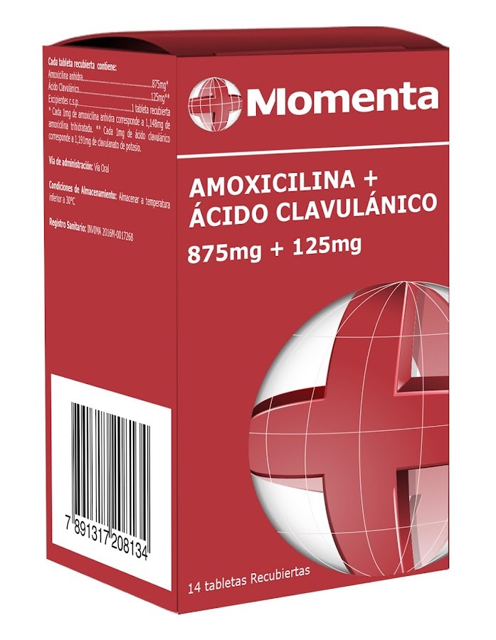 Amoxicilina 875Mg Clavlanato de Potasio 125Mg Momenta Caja x 14Tab