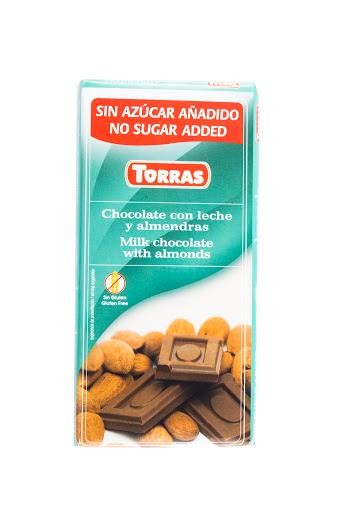 Chocolatina Torras Chocolate Leche Y Almendras Sin Azúcar X75G.
