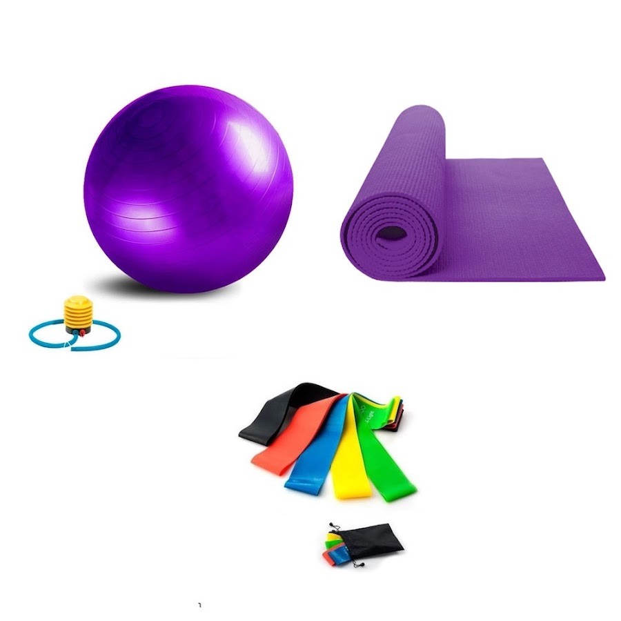 Kit Yoga Deportivo Colcho Morada de 6mm + Balón de Pilates Morado con Inflador 55cm + Set Bandas Elás x5 niveles