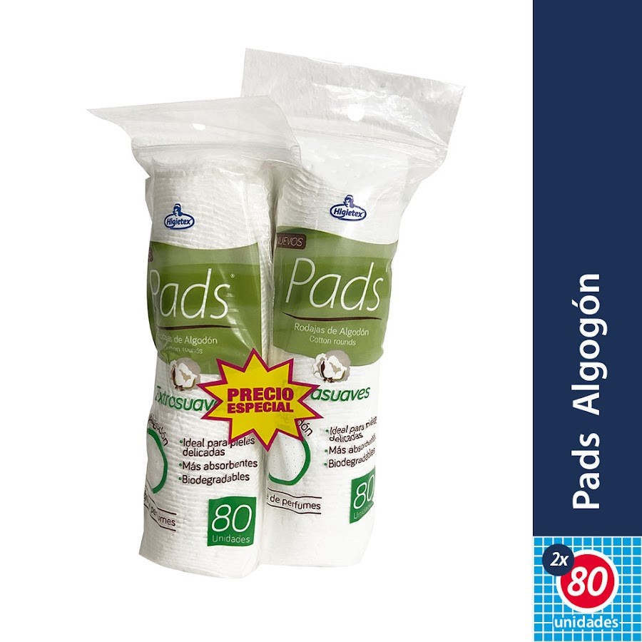 Pomos Desmaquillantes de Algodón Higietex Rueditas Extrasuaves x 2Und de 80Und