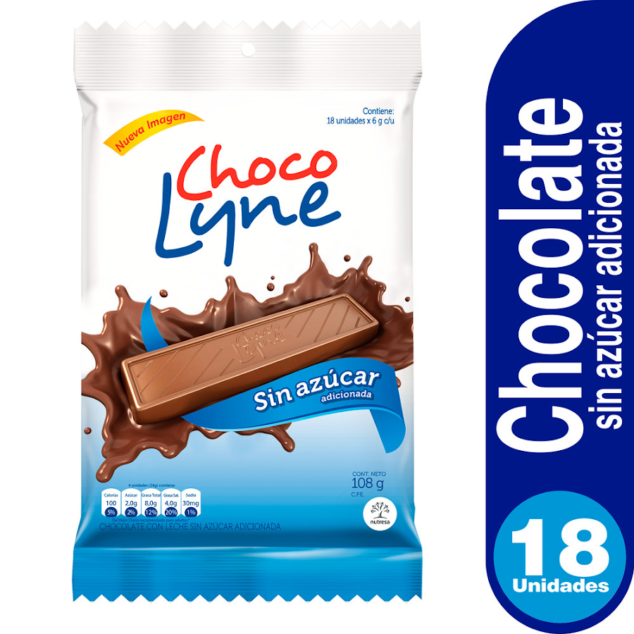 Chocolatina CHOCO LYNE con Leche sin Azúcar Paquete x18Und. X432g.