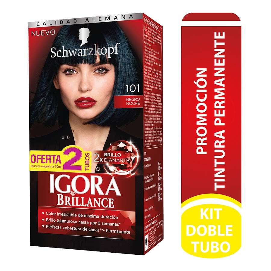 Tinte Igora Brillance Permanente 101 Negro Noche x 2Tubos + Agua Oxigenada x 50Ml