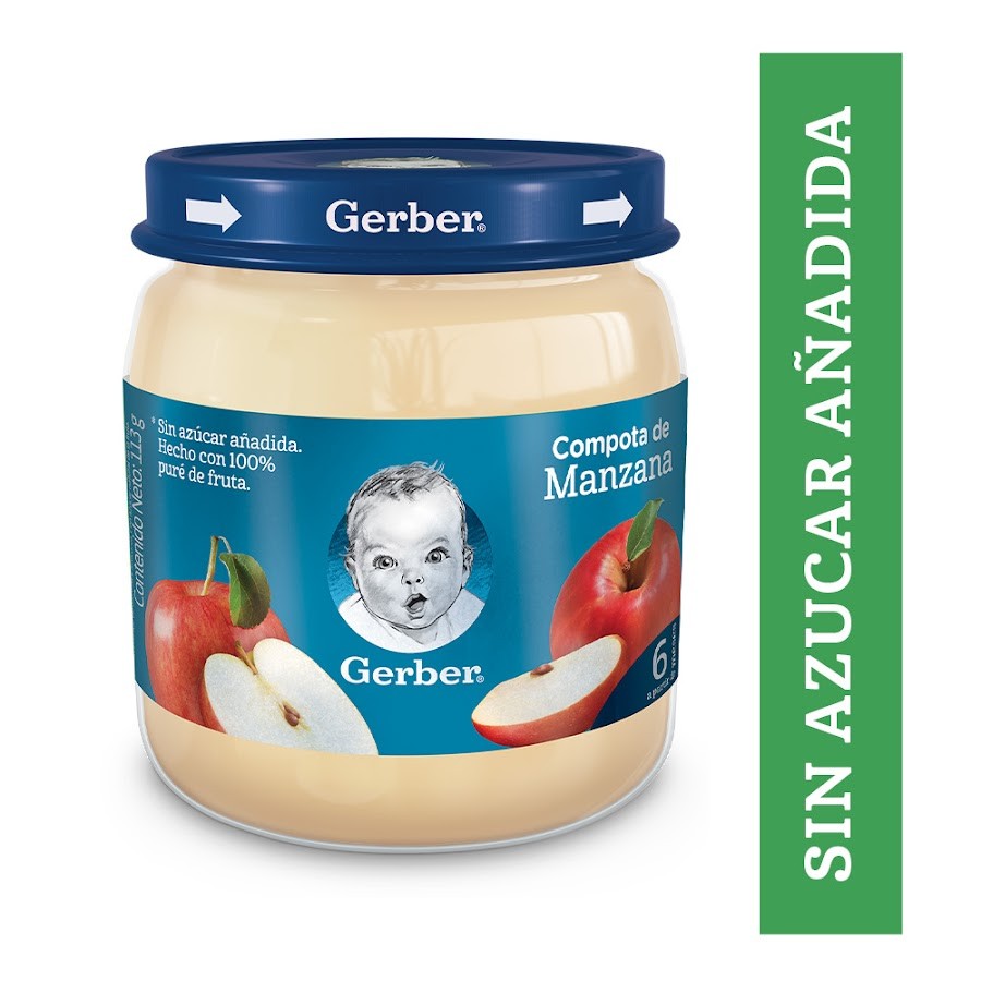 Compota Gerber Puré de Manzana Sin Azucar Frasco x 113Gr